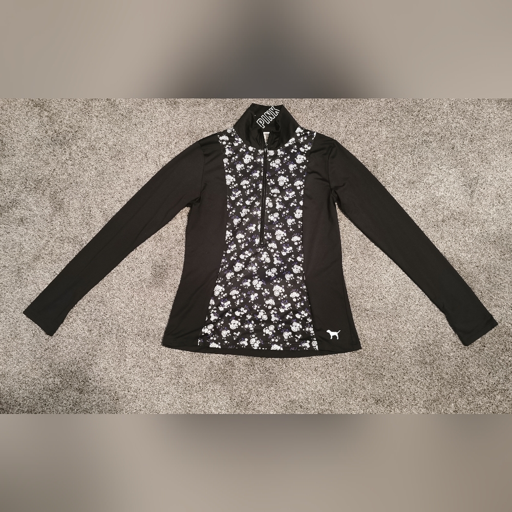 Victoria's Secret PINK floral black 1/2 zip collared shirt size Large